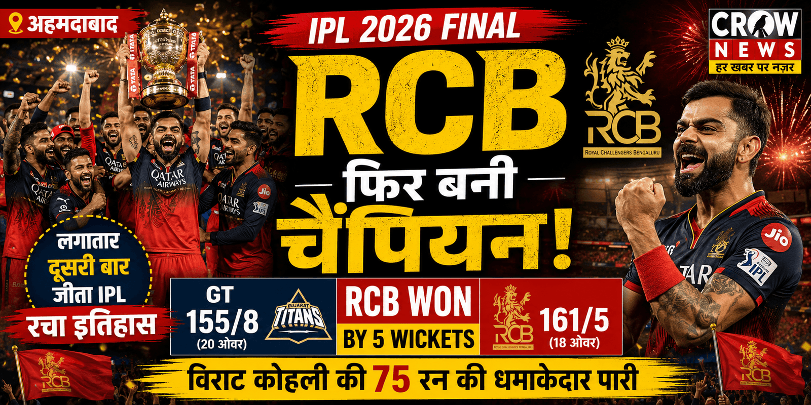 IPL 2026 फाइनल जीतने के बाद ट्रॉफी के साथ जश्न मनाती RCB टीम