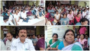 जमशेदपुर सदर अस्पताल परिसर में लंबित वेतन भुगतान की मांग को लेकर धरना देते एनएचएम स्वास्थ्य कर्मचारी।
