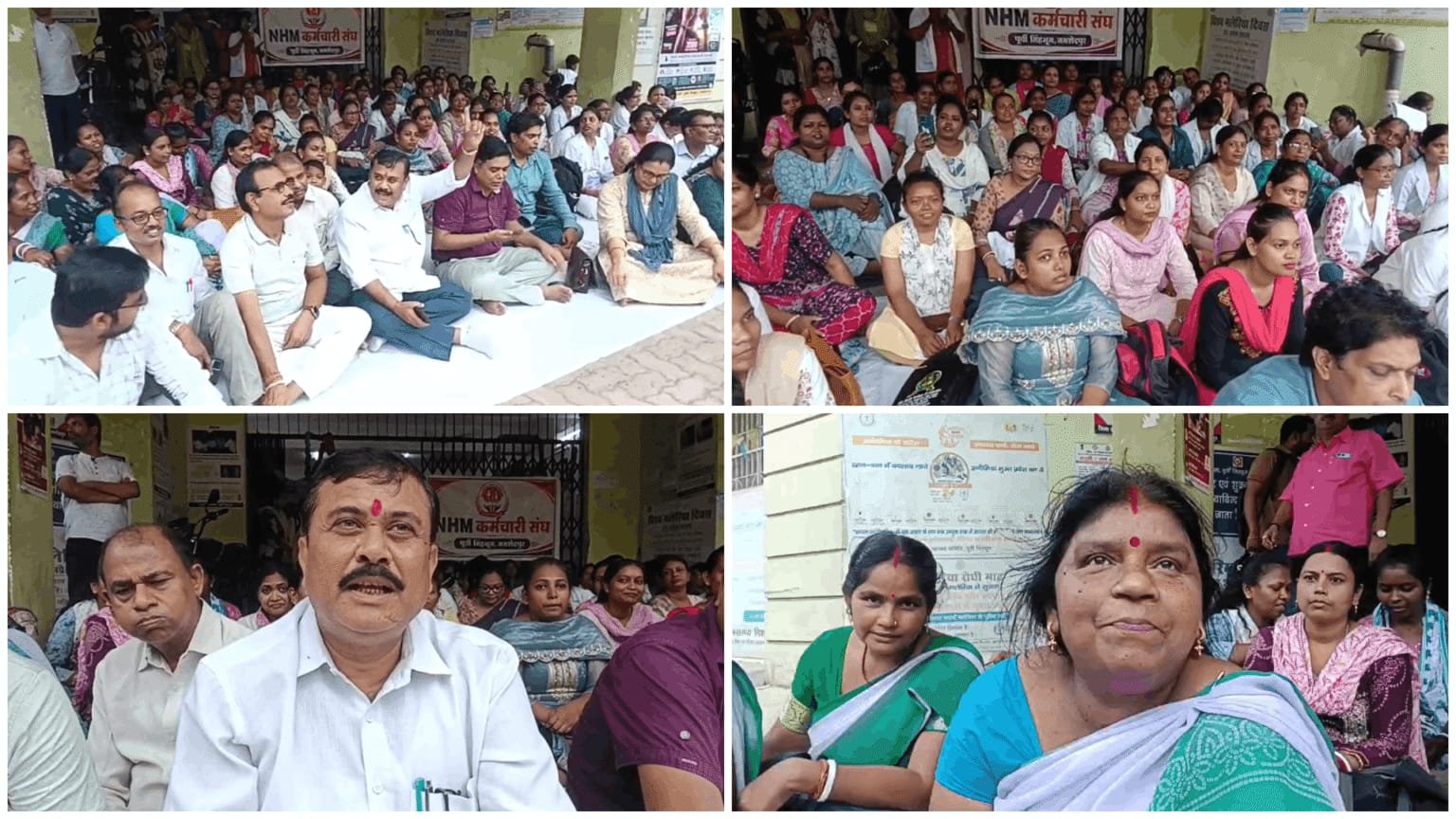 जमशेदपुर सदर अस्पताल परिसर में लंबित वेतन भुगतान की मांग को लेकर धरना देते एनएचएम स्वास्थ्य कर्मचारी।